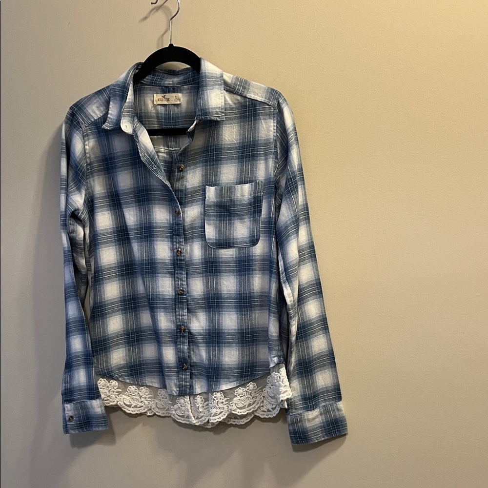 Hollister Size S  Blue Plaid Button-Up Shirt with Lace Hem